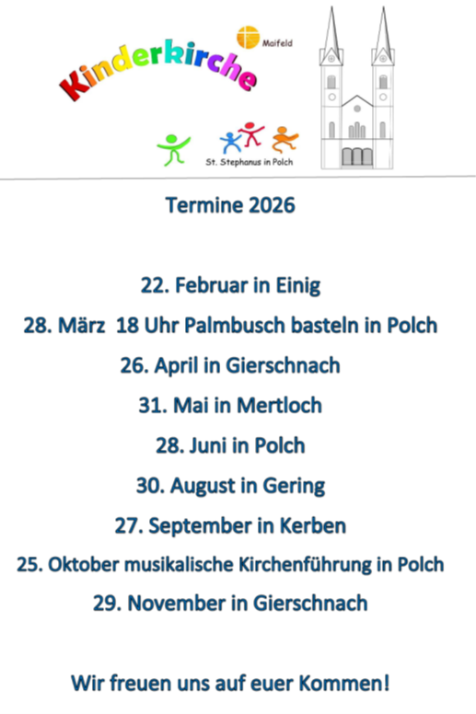 Es sind die Termine der Kinderkirche in 2026 zu sehen mit dem bunten Logo der Kinderkirche