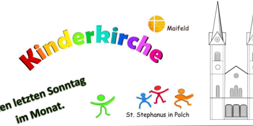 Man sieht den Briefkopf der Kinderkirche mit buntem Schriftzug und rechts der Kirche Polch