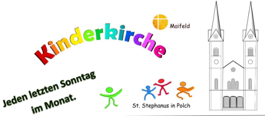Man sieht den Briefkopf der Kinderkirche mit buntem Schriftzug und rechts der Kirche Polch