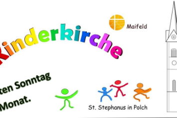 Man sieht den Briefkopf der Kinderkirche mit buntem Schriftzug und rechts der Kirche Polch