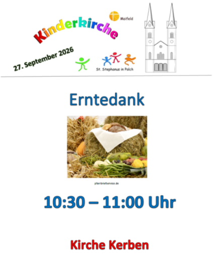 Man sieht rechts oben die stilisierte Darstellung der Polcher Kirche, links der bunte Schriftzug 'KInderkirche' und darunter die Einladung zum Treffen am 27.09.26