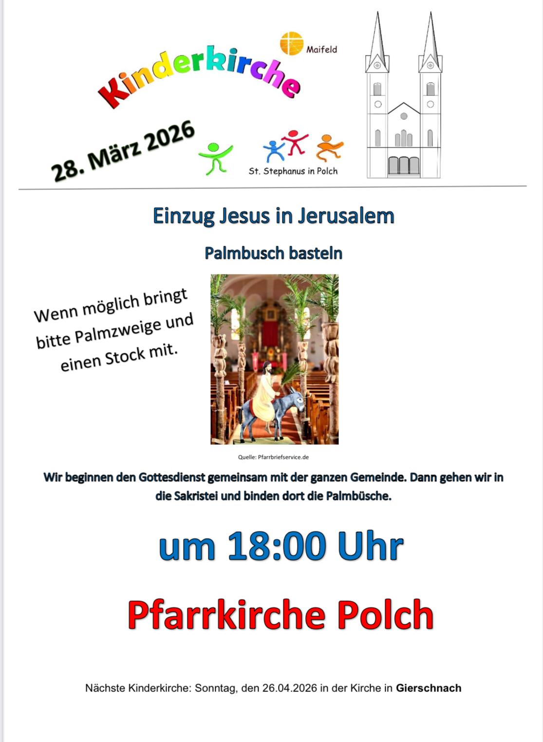 Man sieht die Einladung des Kinderkirchenkreises zum Palmbuschbasteln am 28.03.26 in Polch