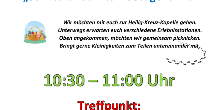 Man sieht die Einladung zur Kinderkirche im Mai 2026 mit dem bunten Schriftzug 'Kinderkirche' links und der stilisiert abgebildeten Polcher Kirchenansicht