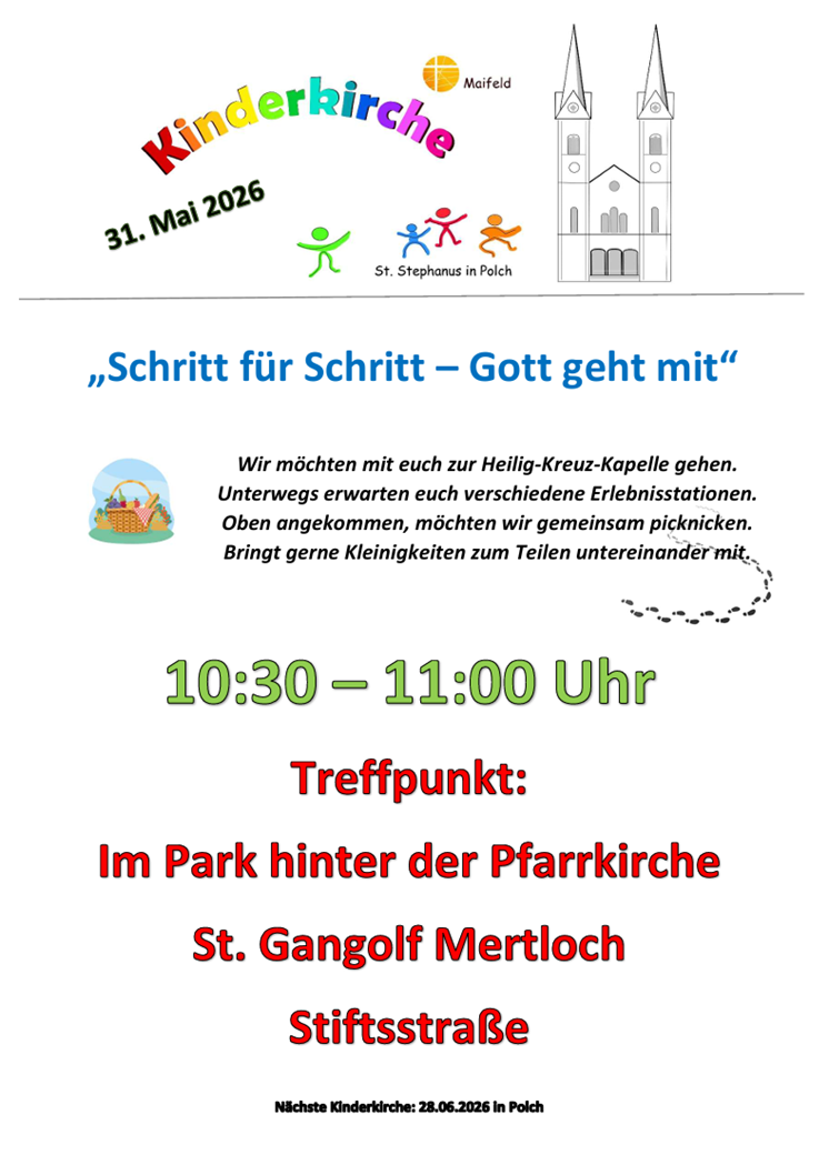 Man sieht die Einladung zur Kinderkirche im Mai 2026 mit dem bunten Schriftzug 'Kinderkirche' links und der stilisiert abgebildeten Polcher Kirchenansicht