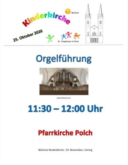 Man sieht den bunten Schriftzug Kinderkirche und rechts die stilisiert dargestellte Polcher Kirche im Kopf, mit der Einladung zur Kinderkirche am 25. Oktober zur Orgelführung in der Kirche in Polch