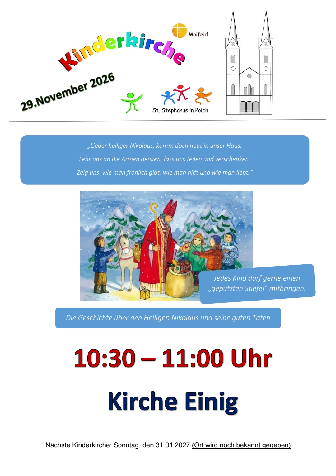 Man sieht ein kindlich gestaltetes Bild mit NIkolaus und Kindern in einer Schneelandschaft, darüber und darunter blau unterlegt die Einladung zur Kinderkirche in der Pfarrei Maifeld im November
