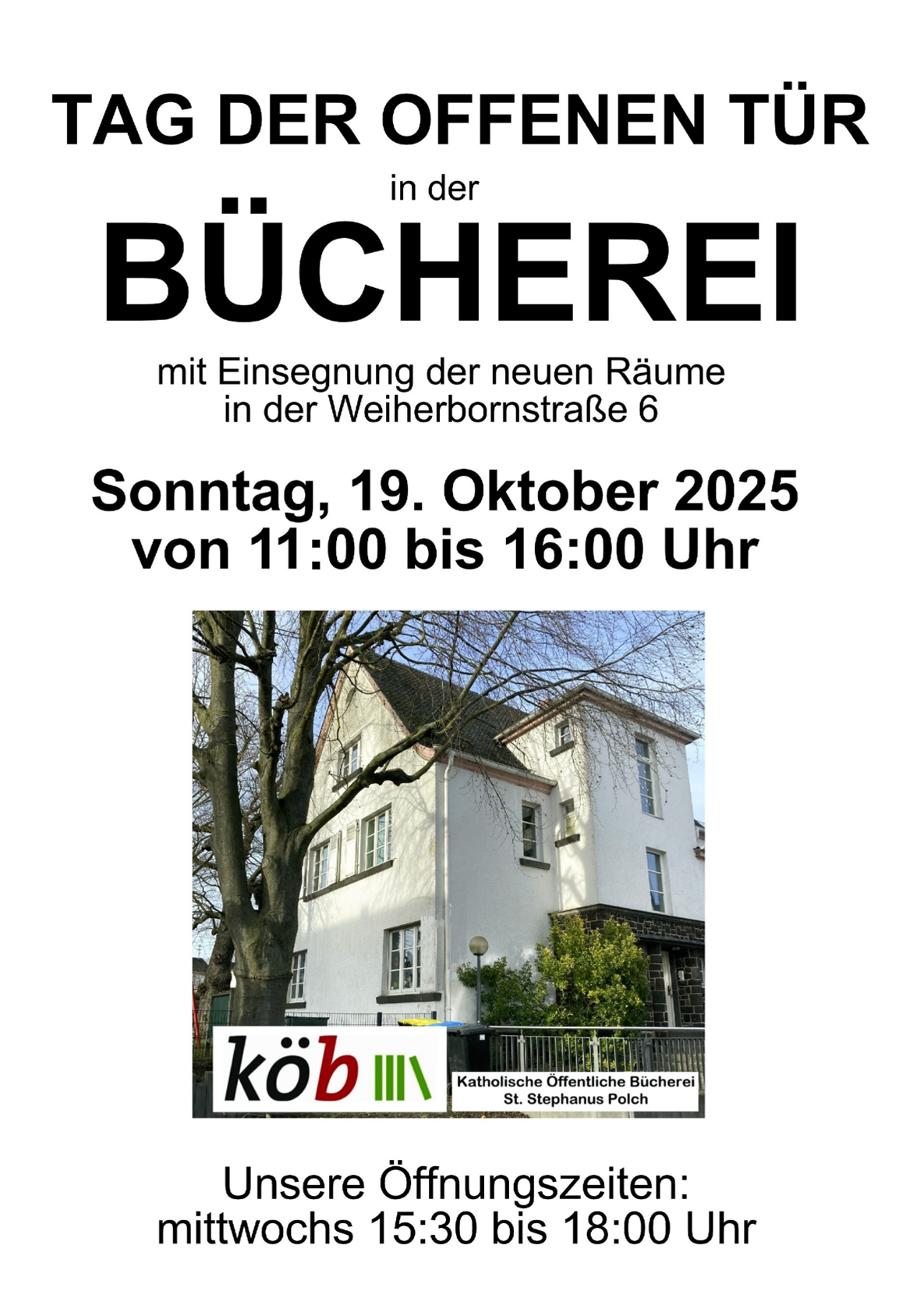 Man sieht die Einladung der KÖB Polch zum tag der offenen Tür am 19.10.25, mit Bild des Stadthauses