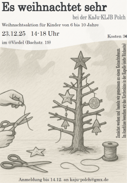 Man sieht ein schwarz-weiß Plakat mit der Einladung zur Weihnachtsaktion der KaJu/KLJB Polch am 23.12.2025