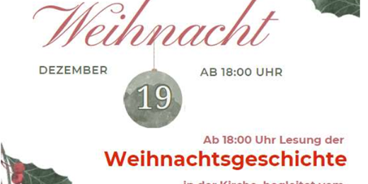Man sieht auf weißem Grund Ilex-Zweige mit roten Beeren, dazwischen die Einladung zur Kaaner Weihnacht am 19.12.25 um 18:00 Uhr