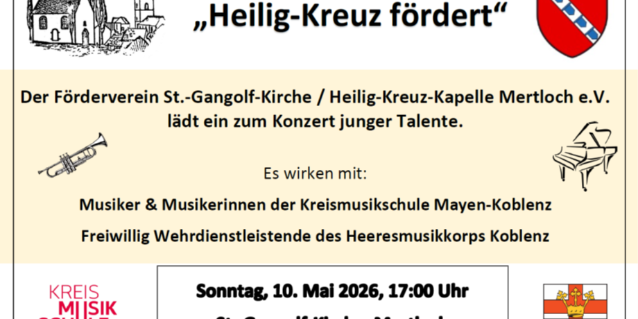 Man sieht die Einladung zum Konzert am 10.05.26 in der St. Gangolf-Kirche mit Musikern der Musikschule Myk und dem Herresmusikkorps Koblenz
