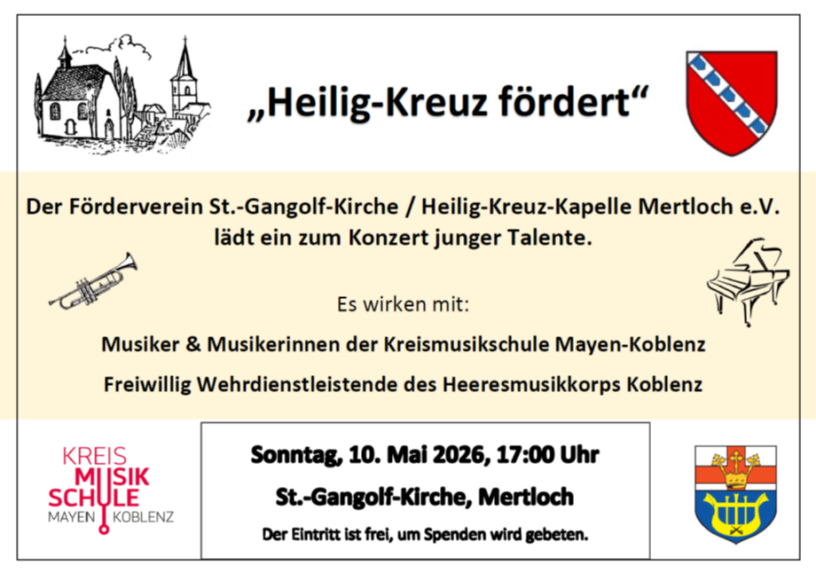 Man sieht die Einladung zum Konzert am 10.05.26 in der St. Gangolf-Kirche mit Musikern der Musikschule Myk und dem Herresmusikkorps Koblenz
