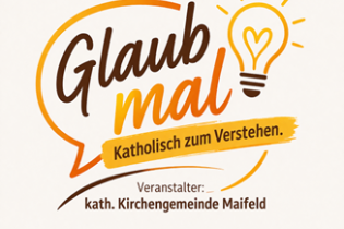 Es ist der Schriftzug Glaub Mal in einer gelben Gedankenblase mit einer strahlenden Glühbirne oben rechts zu sehen