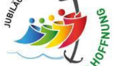 Man sieht das bunte Logo der katholischen Kirche zum Jubiläumsjahr 2025 mit dem grünen Schriftzug 'Pilger der Hoffnung'