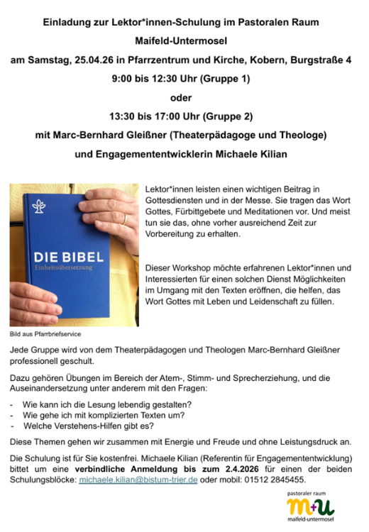Man sieht die Einladung aller Lektoren des Pastoralen Raums Maifeld- Untermosel zu einer Schulung