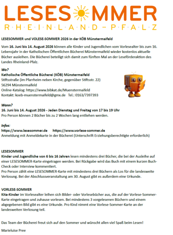 Man sieht die Einladung zum Lesesommer der KÖB Münstermaifeld