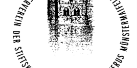Man sieht das Westwerk der Kath. Kirche in Muenstermaifeld als Bleistiftzeichnung. Darum im Kreis der Schriftzug des Fördervereins der Kirche