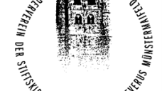 Man sieht das Westwerk der Kath. Kirche in Muenstermaifeld als Bleistiftzeichnung. Darum im Kreis der Schriftzug des Fördervereins der Kirche