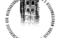 Man sieht das Westwerk der Kath. Kirche in Muenstermaifeld als Bleistiftzeichnung. Darum im Kreis der Schriftzug des Fördervereins der Kirche