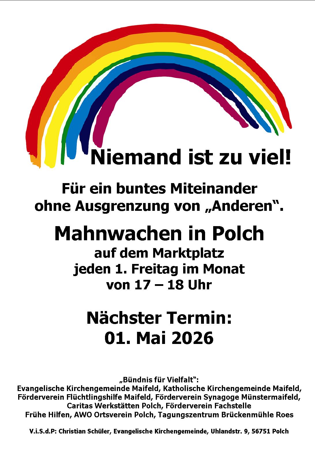 Man sieht die Einladung zur Mahnwache im Mai 2026