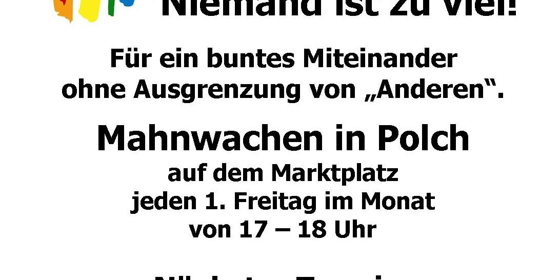 Man sieht die Einladung zur Mahnwache im Mai 2026