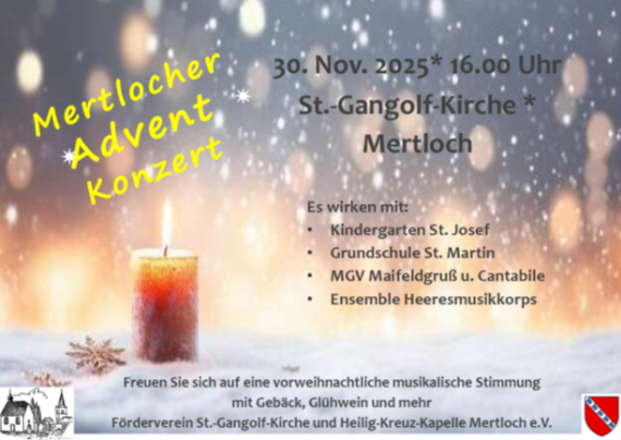 Man sieht die Einladung zum Mertlocher Advent am 30.11.25 ab 16:00 Uhr, Als Hintergrund ist fallender Schnee zu sehen, links vorn eine rot-orange brennende Kerze