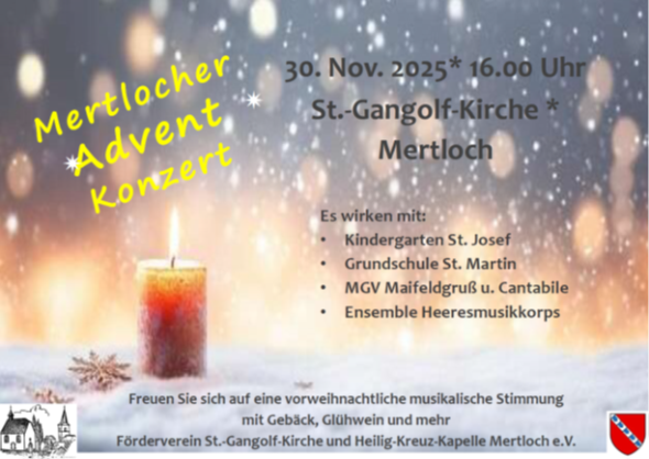 Man sieht die Einladung zum Mertlocher Advent am 30.11.25 ab 16:00 Uhr, Als Hintergrund ist fallender Schnee zu sehen, links vorn eine rot-orange brennende Kerze