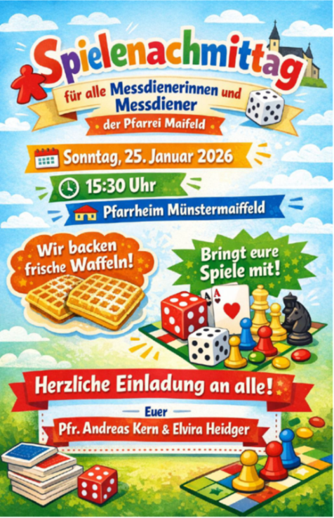 Man sieht die knallbunt gestaltete Einladung für die Messdiener der Pfarrei Maifeld am 25.01.2026
