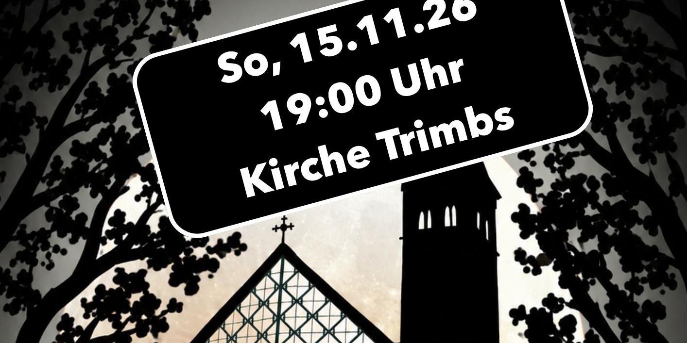 Eine stilisierte Kirche auf schwarzem Grund mit der Einladung zur 'Moonlight Church' am 15.11.2026 nach Trimbs