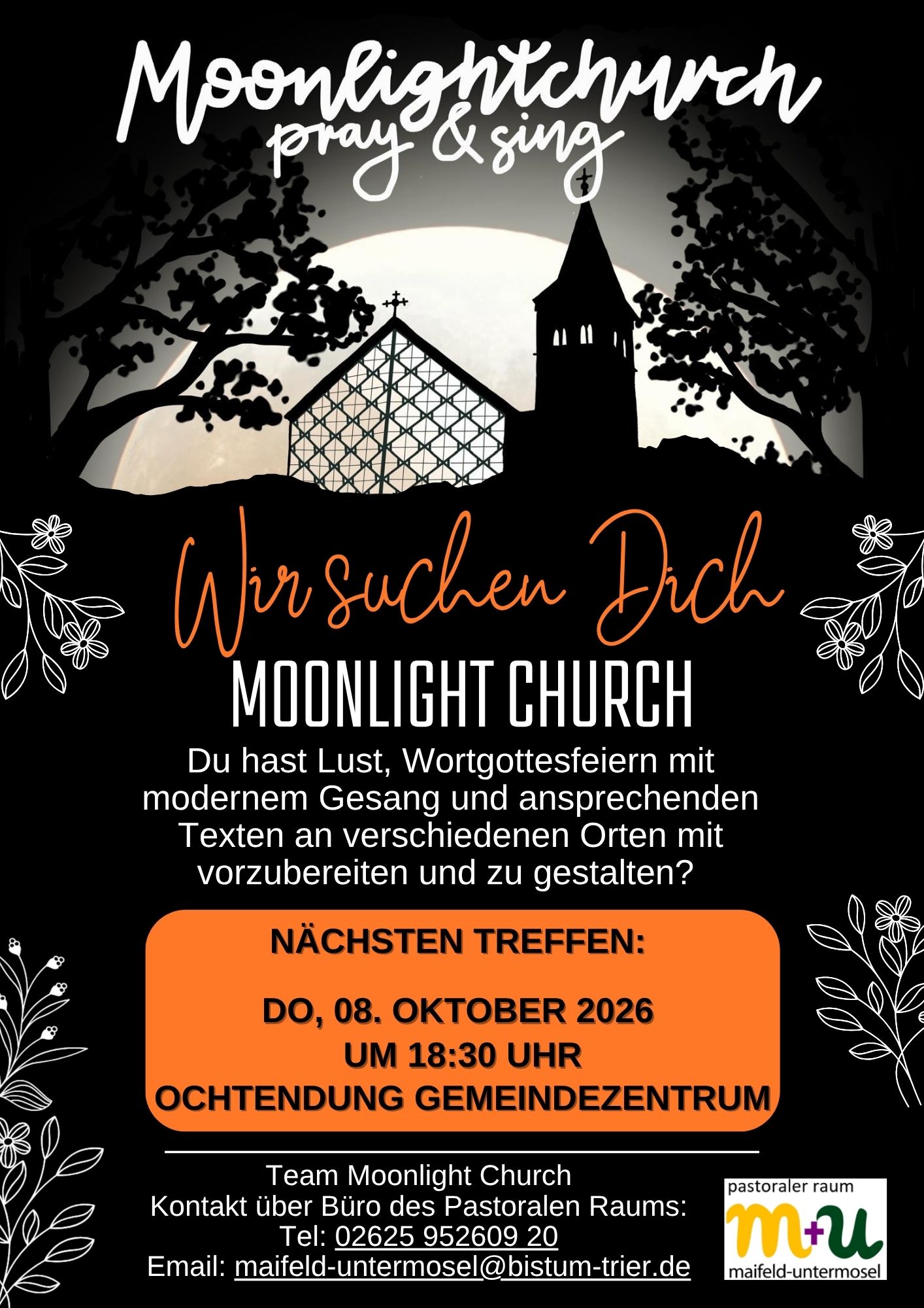 Man sieht eine stilisierte Kirche auf schwarzem Grund mit der Einladung zur Vorbereitung von Wortgottesdiensten des Kreises 'Moonlight Church'am 08.10.26 nach Ochtendung