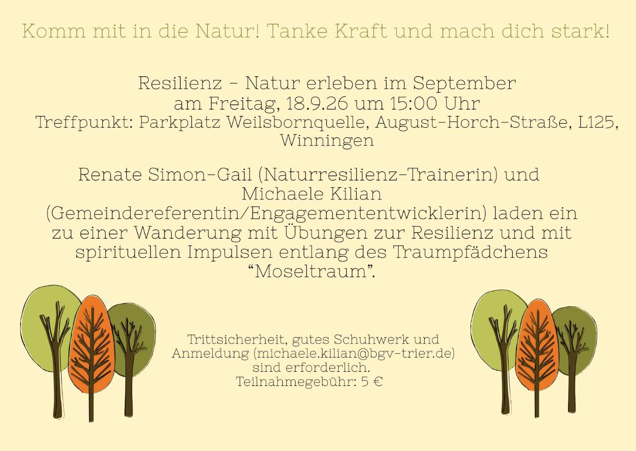 Man sieht eine Einladung auf gelbem Grund, rechts und links unten jeweils stilisierte Bäume, den Naturresilienz-Abend betreffend