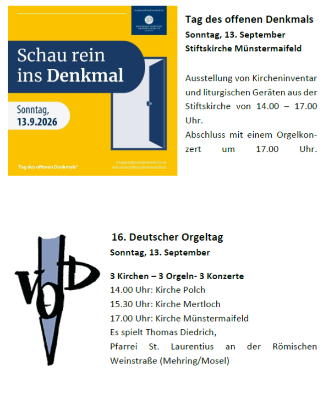 Man sieht die Einladungen zum 'Tag des offenen Denkmals' und zu Orgelkonzerten in der Pfarrei Maifeld am 13.09.2026