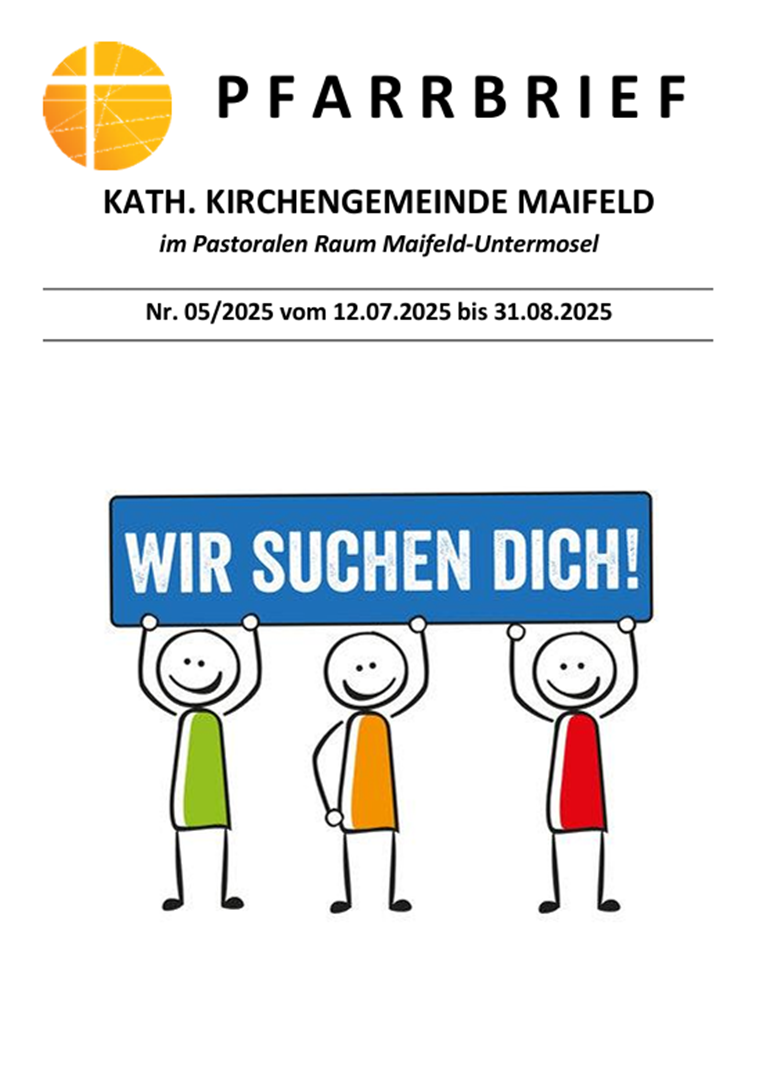 Man sieht die Titelseite des Pfarrbriefs Nr. 05_2025 der Kirchengemeinde Maifeld mit dem Grafitto 'Jesus lebt'