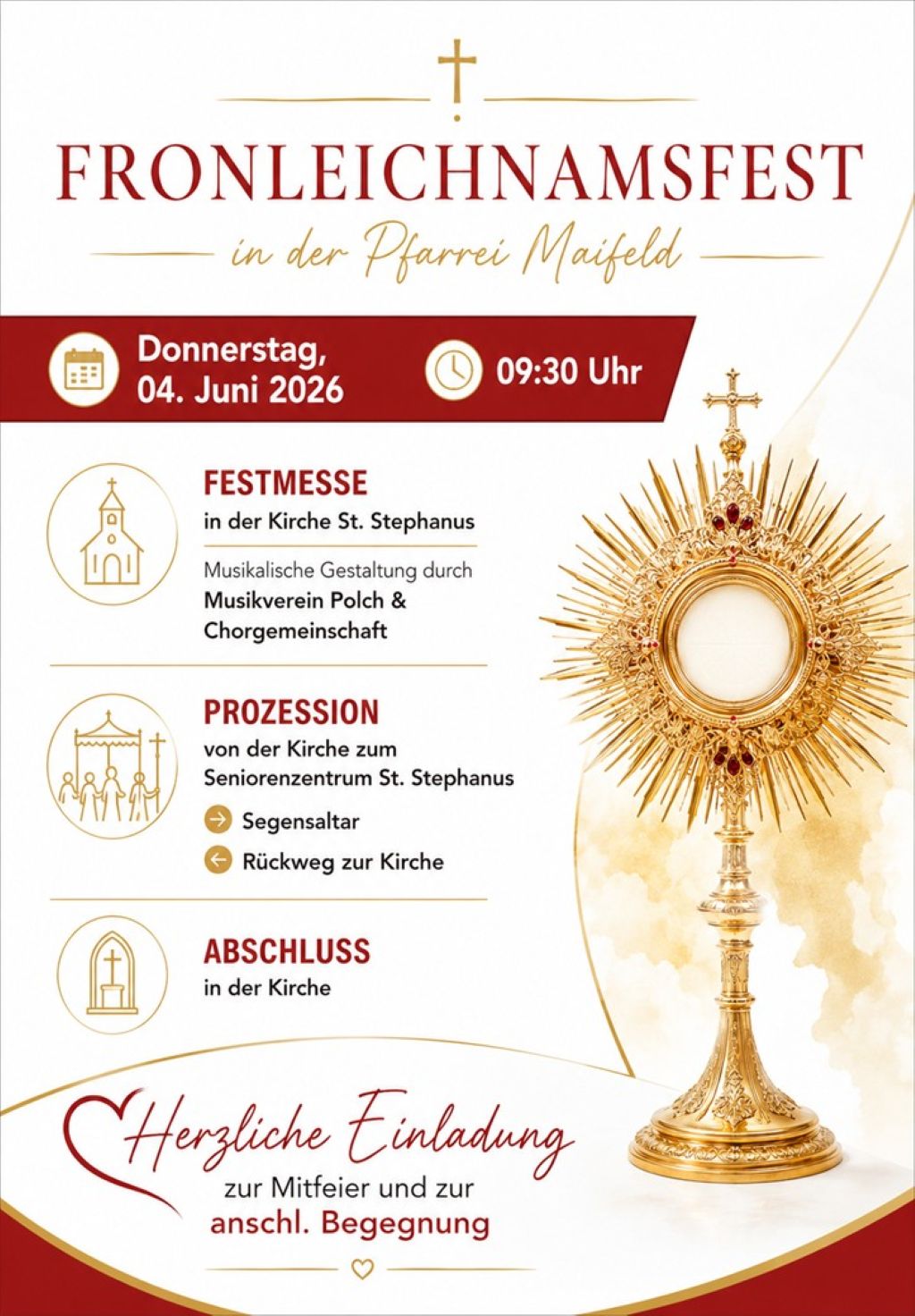 Man sieht die Einladung zur Mitfeier des Fronleichnamsfestes in der Pfarrei Maifeld am 04.06.2026