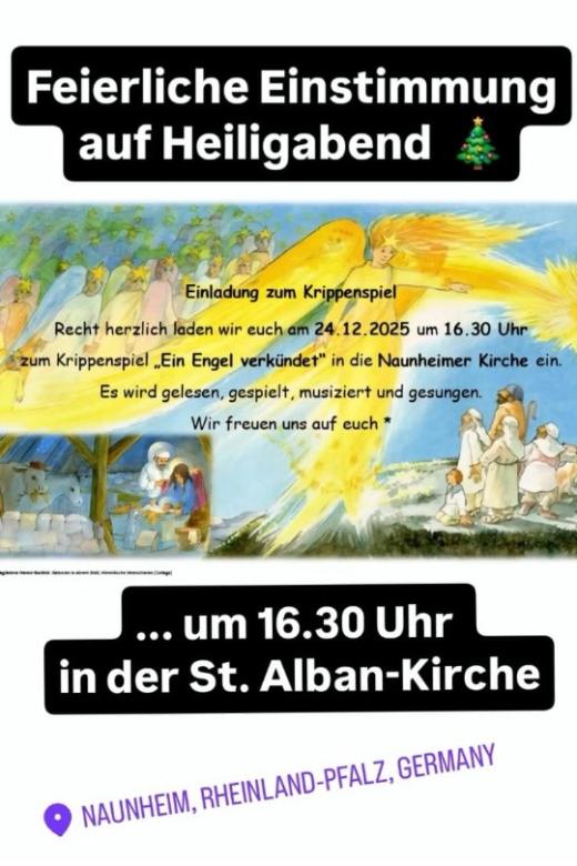 Man sieht eine Krippenszene auf blauem Hintergrund  mit großem gelben Verkündigungsengel