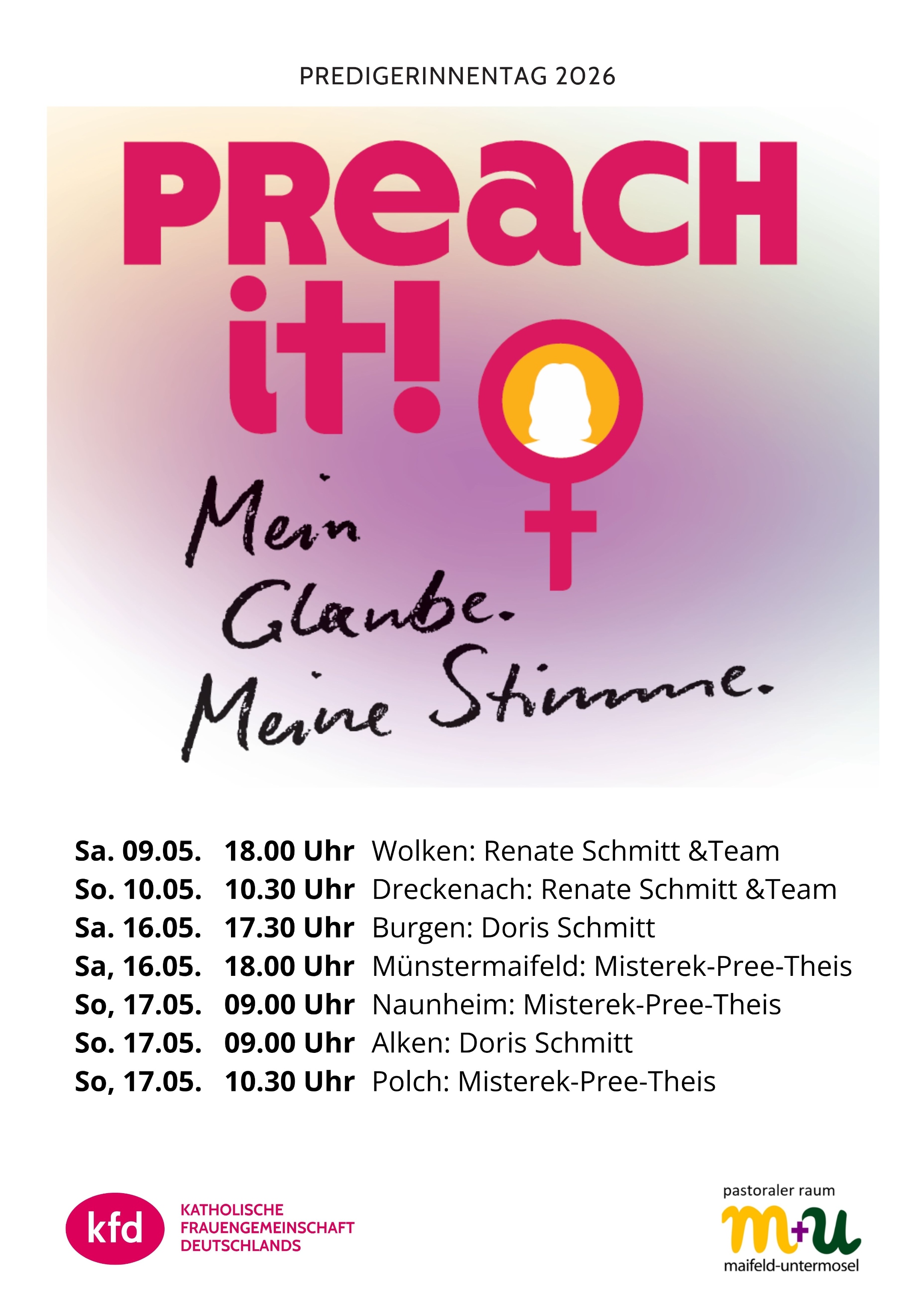 Man sieht den SChriftzug 'Preach it!' in magenta und darunter die verschiedenen Termine, an denen Frauen in den Kirchen des Pastoralen Raums Maifeld predigen werden
