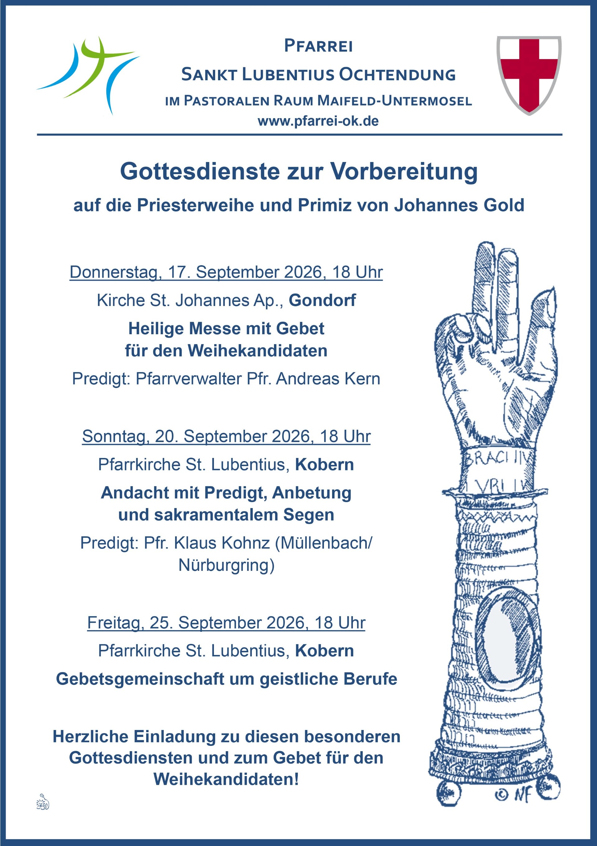 Man sieht ein Plakat mit blauer Schrift rechts oben das Logo des Bistums Trier, rechtsunten eine Hand, links oben das Logo der Pfarrei Ochtendung