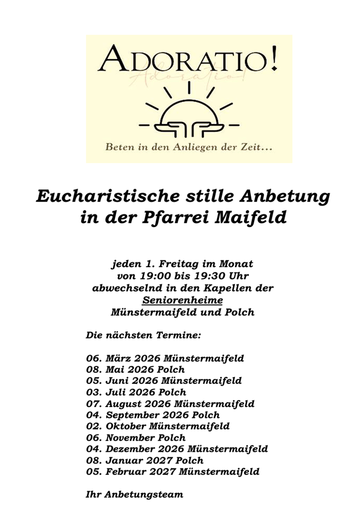 Man sieht das Logo 'Adoratio' mit den Terminen für die Stille Anbetung 2026/27 in der Pfarrei Maifeld