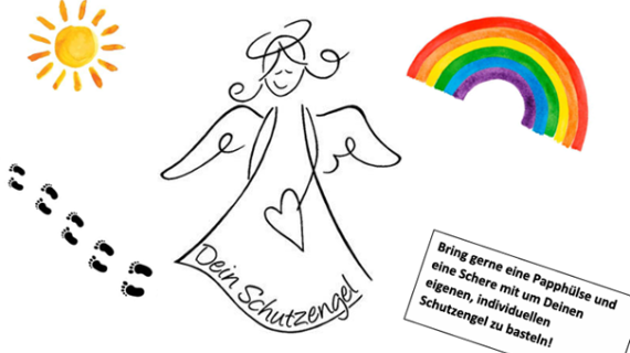 Man sieht kleine Füße und eine Sonne, links im Bild, einen gezeichneten Engel in der Mitte und links einen Regenbogen und einen Infokasten