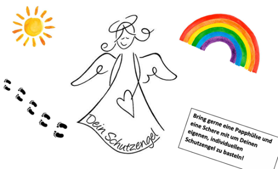 Man sieht kleine Füße und eine Sonne, links im Bild, einen gezeichneten Engel in der Mitte und links einen Regenbogen und einen Infokasten