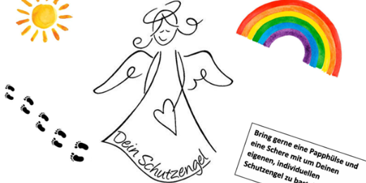 Man sieht kleine Füße und eine Sonne, links im Bild, einen gezeichneten Engel in der Mitte und links einen Regenbogen und einen Infokasten