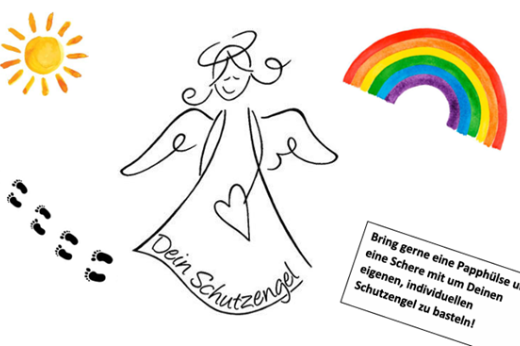Man sieht kleine Füße und eine Sonne, links im Bild, einen gezeichneten Engel in der Mitte und links einen Regenbogen und einen Infokasten