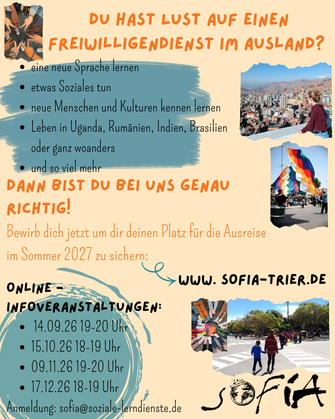 Man sieht auf gelbem Grund mit blauen Flecken die WErbung für den Freiwilligendienst SoFiA des Bistums Trier
