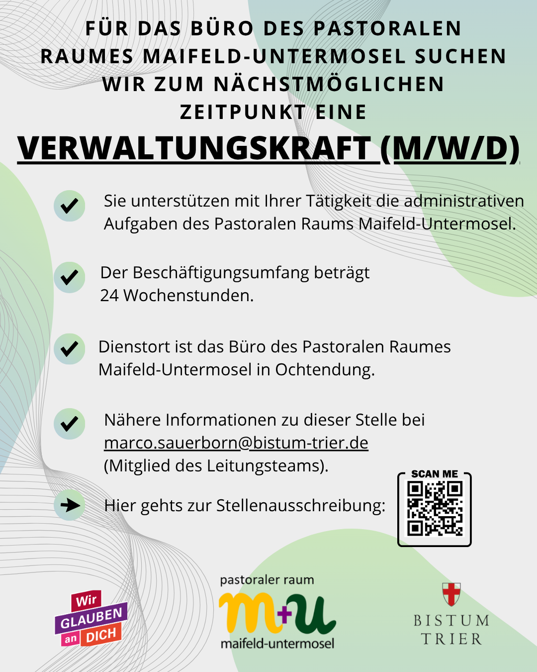 Man sieht die Stellenausschreibung zur Verwaltungskraft im Pastoralen Raum Maifeld-Untermosel