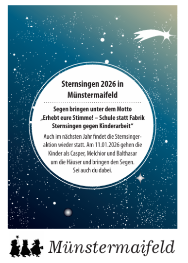 Man sieht auf blauem Grund, stilisiert als Himmelszelt mit Sternen einen weißen Kreis mit der Einladung an alle Kinder, die an der Sternsingeraktion in Münstermaifeld teilnehmen möchten