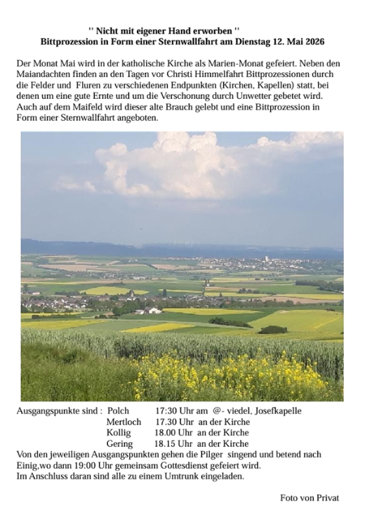 Man sieht die Einladung zur Sternwallfahrt am 12.05.26 in der Pfarrei Maifeld, zwischen den Textabschnitten eine Panoramaufnahme des Maifelds mit gelben, blühenden Rapsfeldern