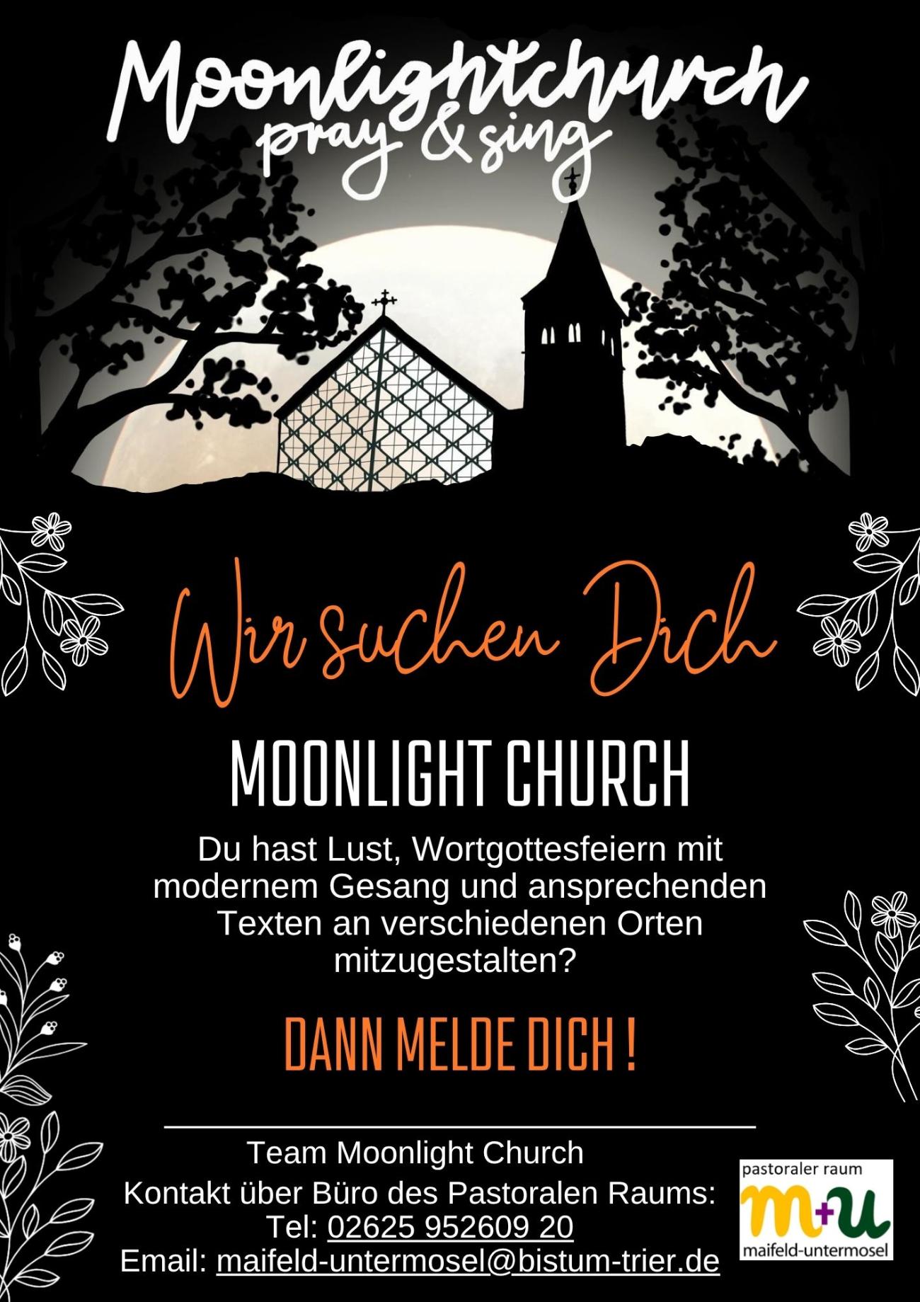 Auf schwarzem Grund eine silisierte Kirche mit der Suche nach Mitgliedern für die Moonlichtchurch des PR Maifeld-Untermosel