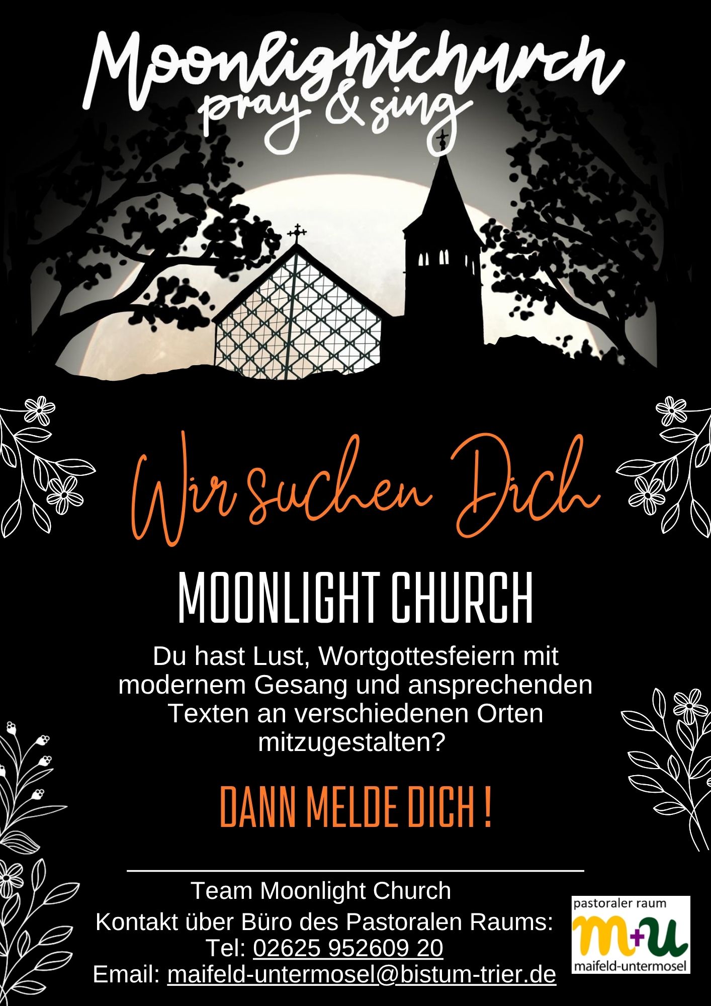 Auf schwarzem Grund eine silisierte Kirche mit der Suche nach Mitgliedern für die Moonlichtchurch des PR Maifeld-Untermosel