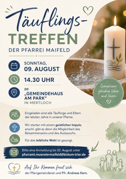Man sieht die Einladung zum Täuflingstreffen am 09.08.26 in der Pfarrei  Maifeld - rechts eine brennende Taufkerze
