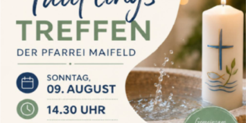 Man sieht die Einladung zum Träuflingstreffen am 09. August nach Mertloch, rechts im Bild eine schön gestaltete Taufkerze