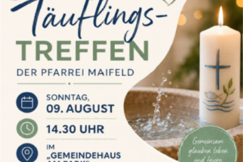 Man sieht die Einladung zum Träuflingstreffen am 09. August nach Mertloch, rechts im Bild eine schön gestaltete Taufkerze